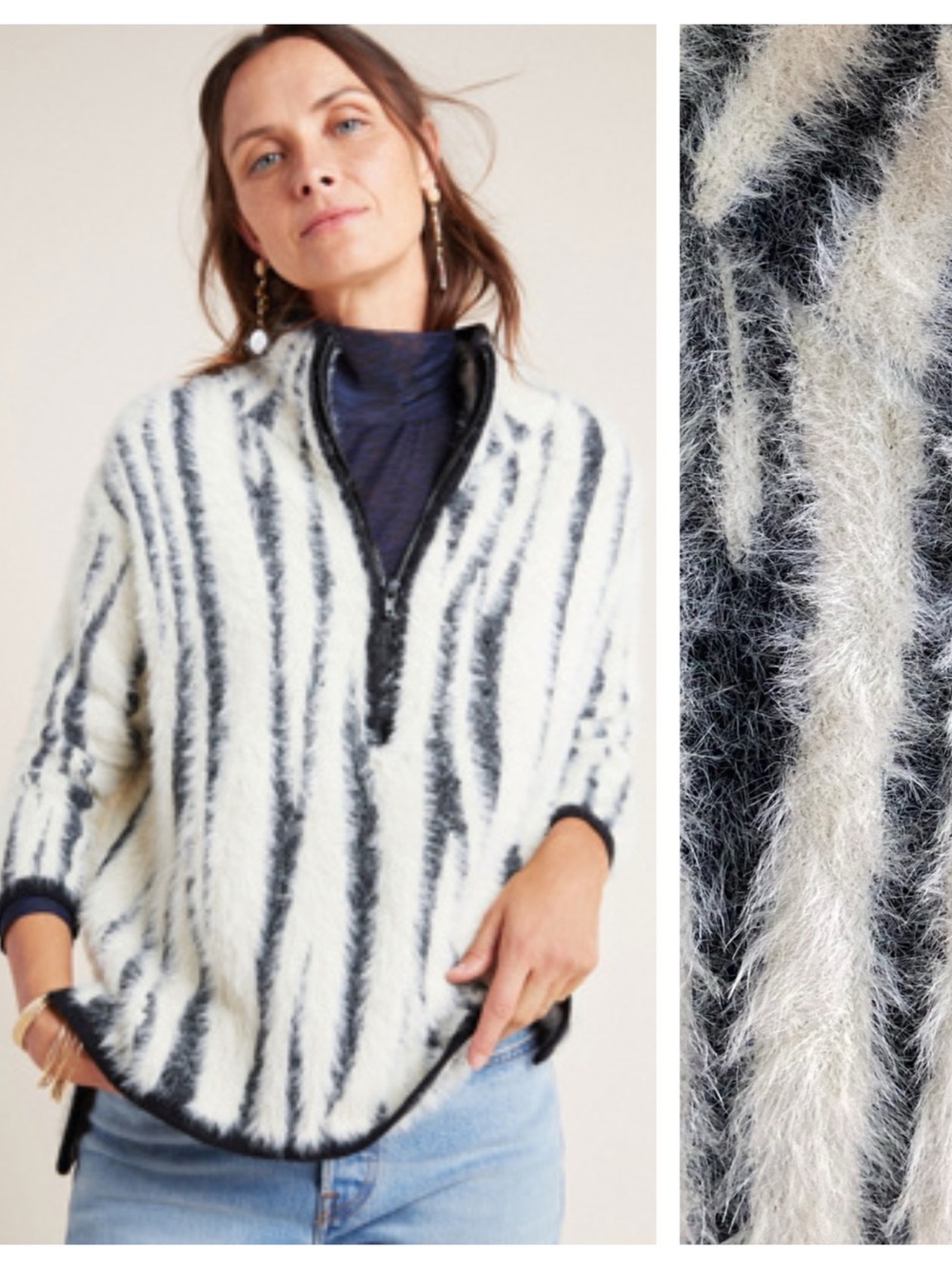 Anthropologie White Black Cindy Eyelash Half Zip Pullover Sweater Small